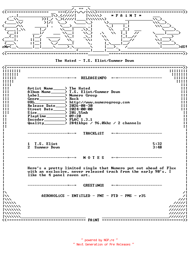 NFO for the release The_Hated-T.S._Eliot-Summer_Down-7INCH_VINYL-FLAC-2024-FAiNT by FAiNT