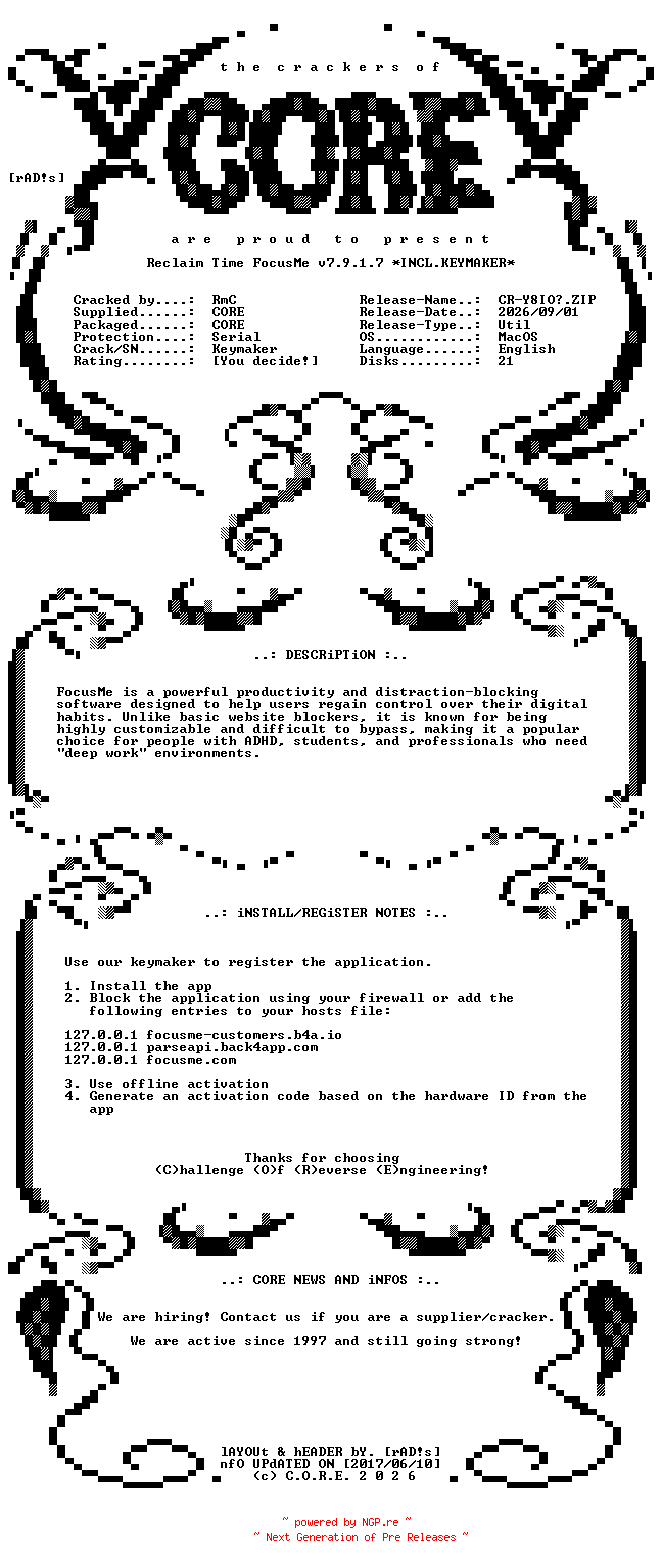 NFO for the release Reclaim.Time.FocusMe.v7.9.1.7.MacOS.UB.Incl.Keymaker-CORE by CORE