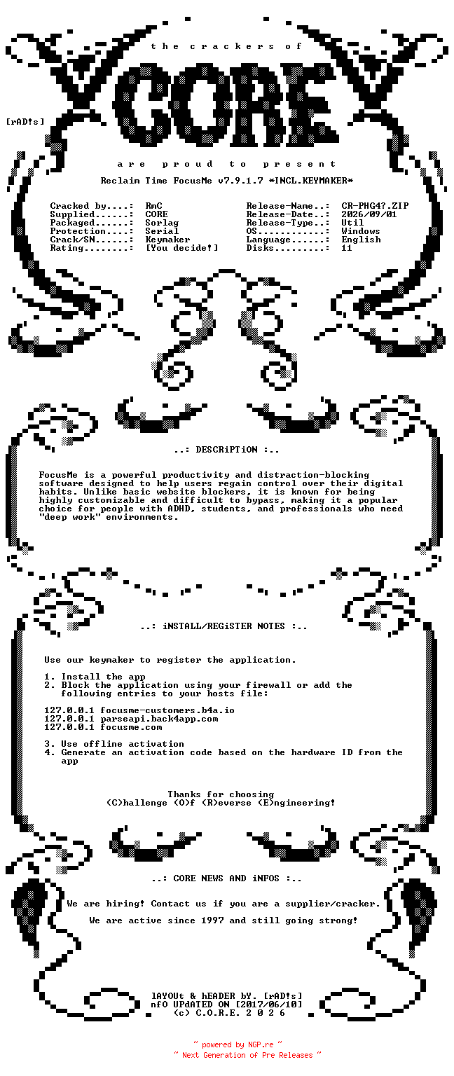 NFO for the release Reclaim.Time.FocusMe.v7.9.1.7.x64.Incl.Keymaker-CORE by CORE
