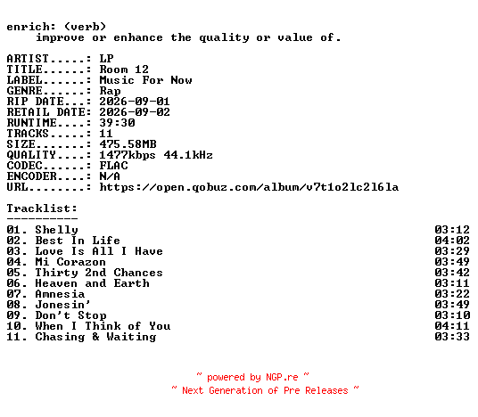 NFO for the release LP-Room_12-24BIT-WEB-FLAC-2026-ENRiCH by ENRiCH