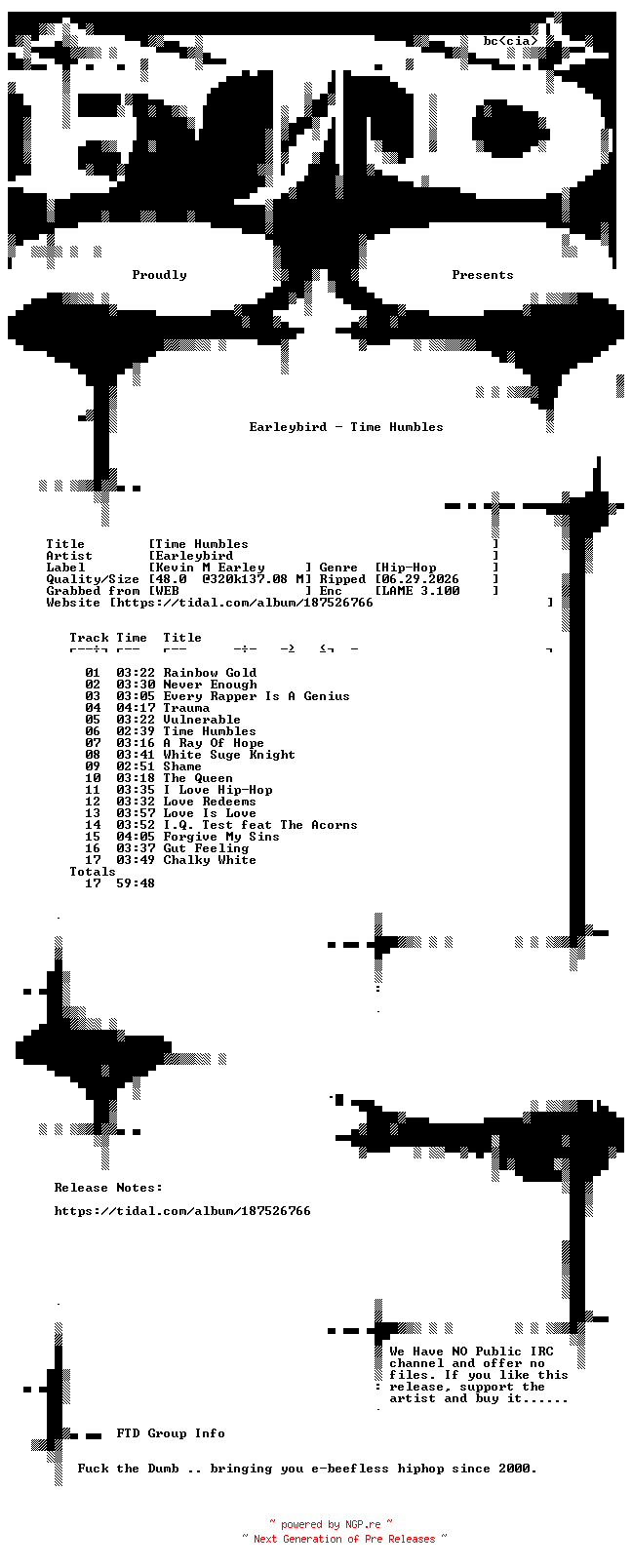 NFO for the release Earleybird-Time_Humbles-WEB-2021-FTD by FTD