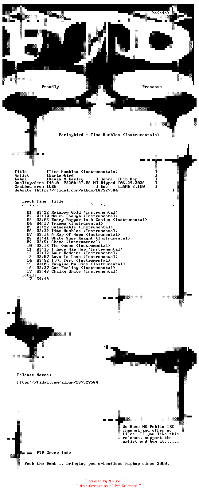 NFO for the release Earleybird-Time_Humbles_(Instrumentals)-WEB-2021-FTD by FTD