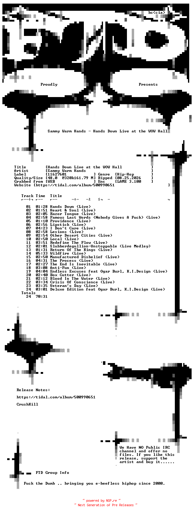NFO for the release Sammy_Warm_Hands-Hands_Down_Live_at_the_WOW_Hall-WEB-2021-FTD by FTD