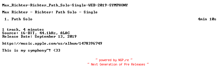 NFO for the release Max_Richter-Richter_Path_Solo-Single-WEB-2019-SYMPHONY by SYMPHONY