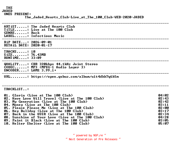 NFO for the release The_Jaded_Hearts_Club-Live_at_The_100_Club-WEB-2020-JADED by JADED