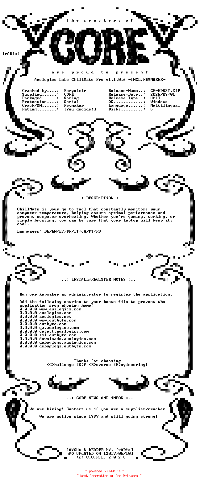 NFO for the release Auslogics.Labs.ChillMate.Pro.v1.1.0.6.Multilingual.Incl.Keymaker-CORE by CORE