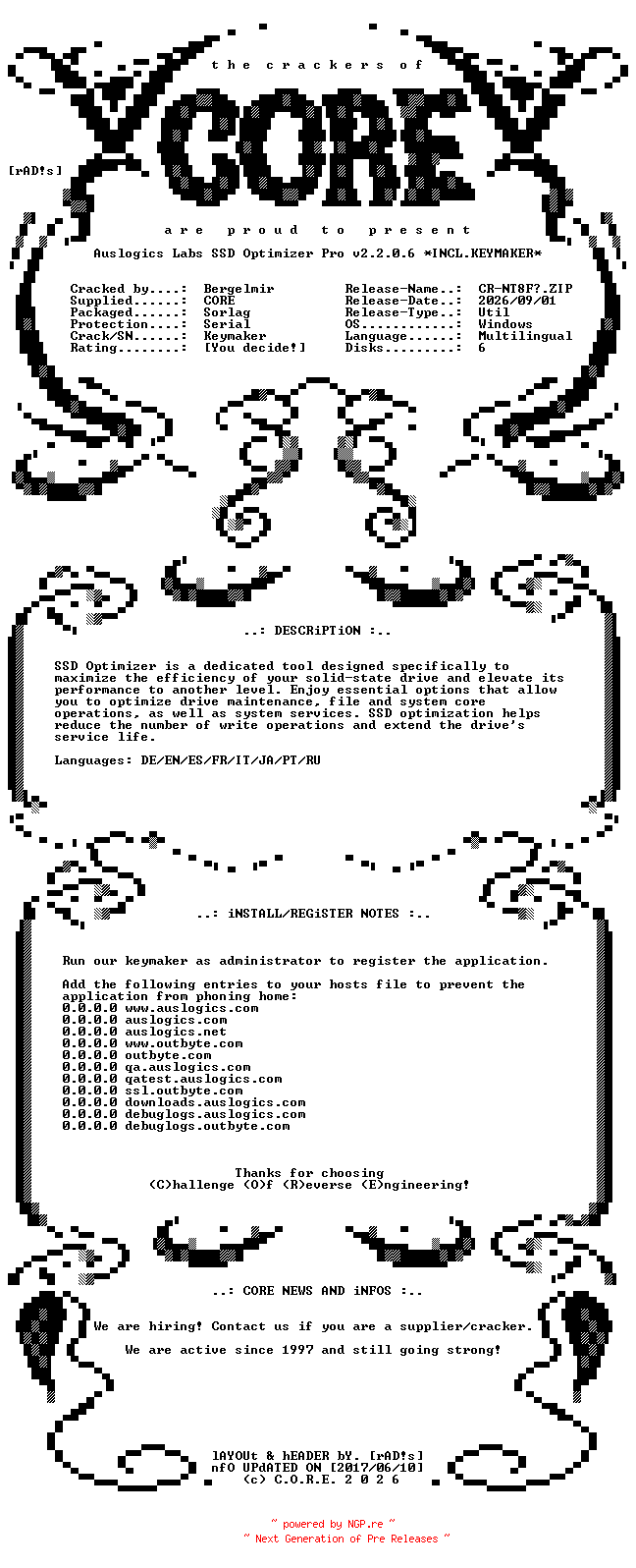NFO for the release Auslogics.Labs.SSD.Optimizer.Pro.v2.2.0.6.Multilingual.Incl.Keymaker-CORE by CORE