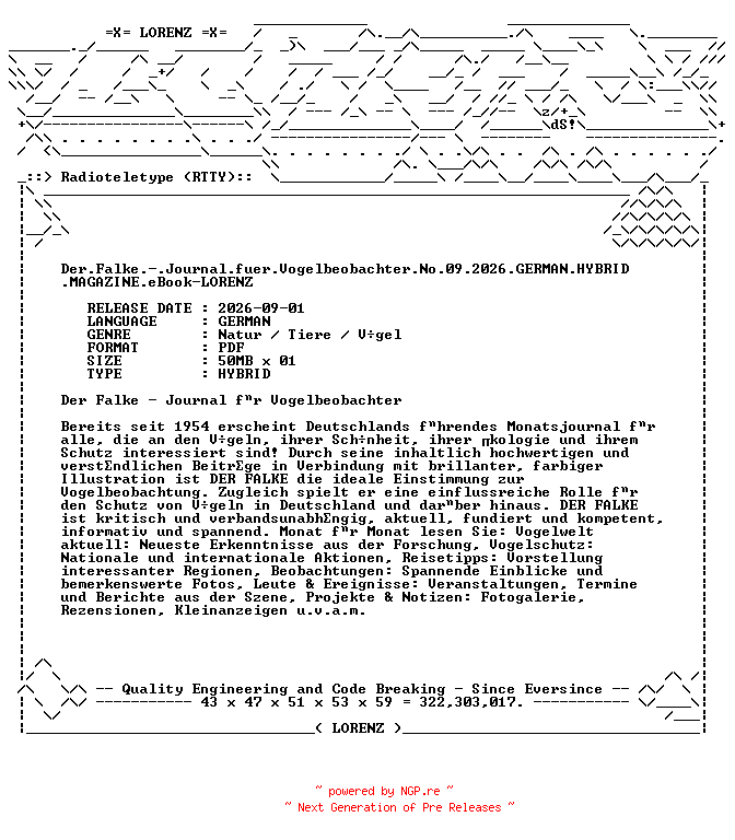 NFO for the release Der.Falke.-.Journal.fuer.Vogelbeobachter.No.09.2026.GERMAN.HYBRID.MAGAZINE.eBook-LORENZ by LORENZ