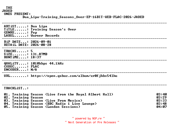 NFO for the release Dua_Lipa-Training_Seasons_Over-EP-16BIT-WEB-FLAC-2026-JADED by JADED