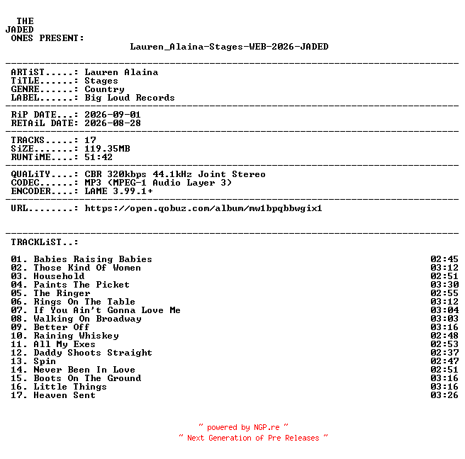 NFO for the release Lauren_Alaina-Stages-WEB-2026-JADED by JADED