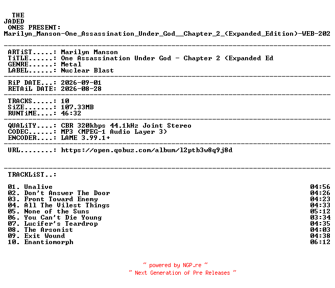 NFO for the release Marilyn_Manson-One_Assassination_Under_God__Chapter_2_(Expanded_Edition)-WEB-2026-JADED by JADED