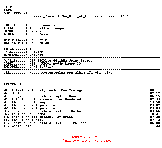 NFO for the release Sarah_Davachi-The_Will_of_Tongues-WEB-2026-JADED by JADED