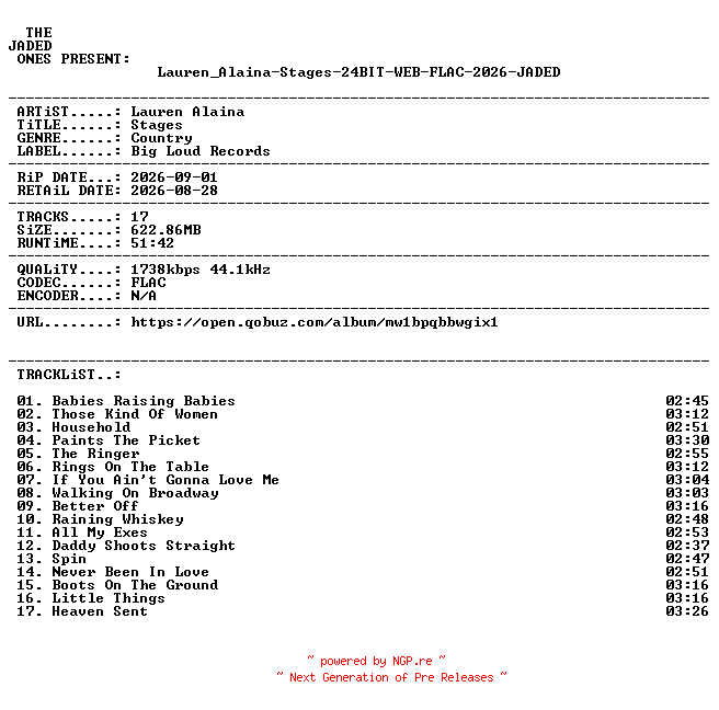 NFO for the release Lauren_Alaina-Stages-24BIT-WEB-FLAC-2026-JADED by JADED