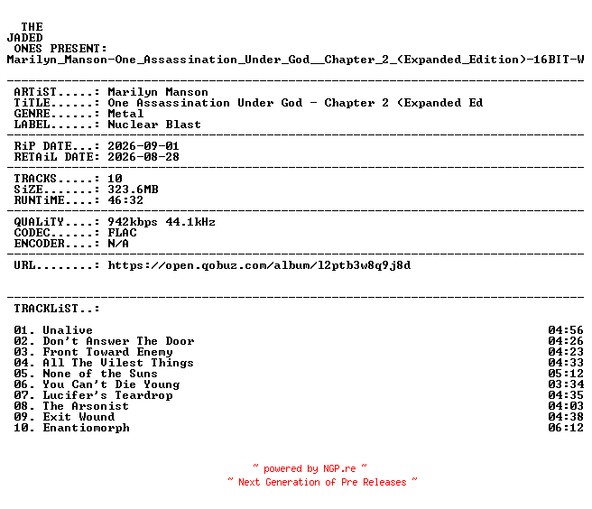 NFO for the release Marilyn_Manson-One_Assassination_Under_God__Chapter_2_(Expanded_Edition)-16BIT-WEB-FLAC-2026-JADED by JADED