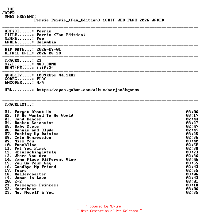 NFO for the release Perrie-Perrie_(Fan_Edition)-16BIT-WEB-FLAC-2026-JADED by JADED
