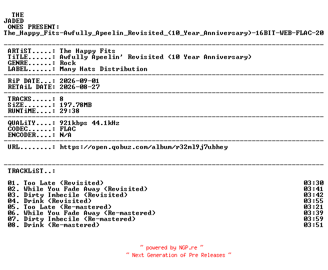 NFO for the release The_Happy_Fits-Awfully_Apeelin_Revisited_(10_Year_Anniversary)-16BIT-WEB-FLAC-2026-JADED by JADED