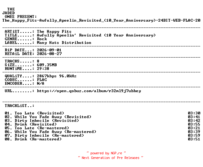 NFO for the release The_Happy_Fits-Awfully_Apeelin_Revisited_(10_Year_Anniversary)-24BIT-WEB-FLAC-2026-JADED by JADED