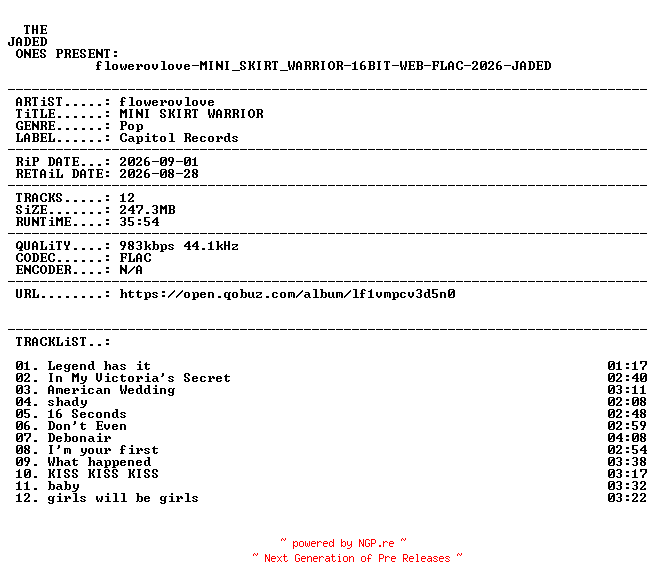 NFO for the release flowerovlove-MINI_SKIRT_WARRIOR-16BIT-WEB-FLAC-2026-JADED by JADED