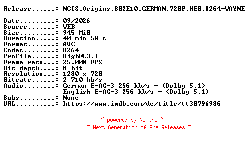 NFO for the release NCIS.Origins.S02E10.GERMAN.720P.WEB.H264-WAYNE by WAYNE