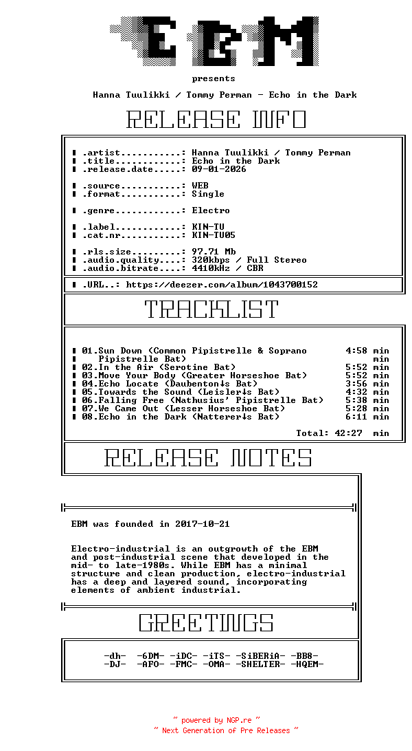 NFO for the release Hanna_Tuulikki_-_Tommy_Perman-Echo_In_The_Dark-(KIN-TU05)-WEB-2026-EBM by EBM