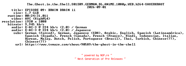 NFO for the release The.Ghost.in.the.Shell.S01E09.GERMAN.DL.ANiME.1080p.WEB.h264-SAUERKRAUT by SAUERKRAUT
