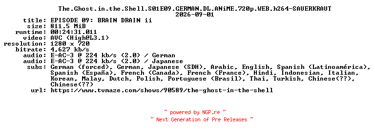 NFO for the release The.Ghost.in.the.Shell.S01E09.GERMAN.DL.ANiME.720p.WEB.h264-SAUERKRAUT by SAUERKRAUT