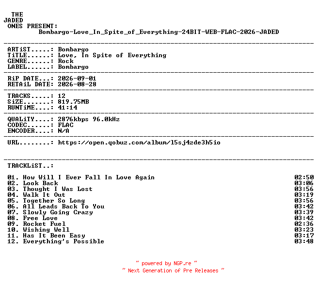 NFO for the release Bombargo-Love_In_Spite_of_Everything-24BIT-WEB-FLAC-2026-JADED by JADED