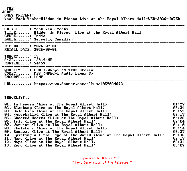NFO for the release Yeah_Yeah_Yeahs-Hidden_in_Pieces_Live_at_the_Royal_Albert_Hall-WEB-2026-JADED by JADED