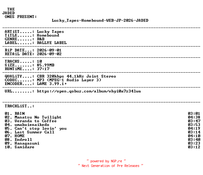 NFO for the release Lucky_Tapes-Homebound-WEB-JP-2026-JADED by JADED