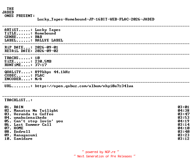 NFO for the release Lucky_Tapes-Homebound-JP-16BIT-WEB-FLAC-2026-JADED by JADED