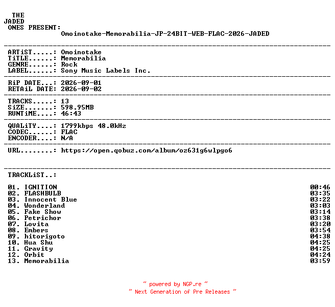 NFO for the release Omoinotake-Memorabilia-JP-24BIT-WEB-FLAC-2026-JADED by JADED