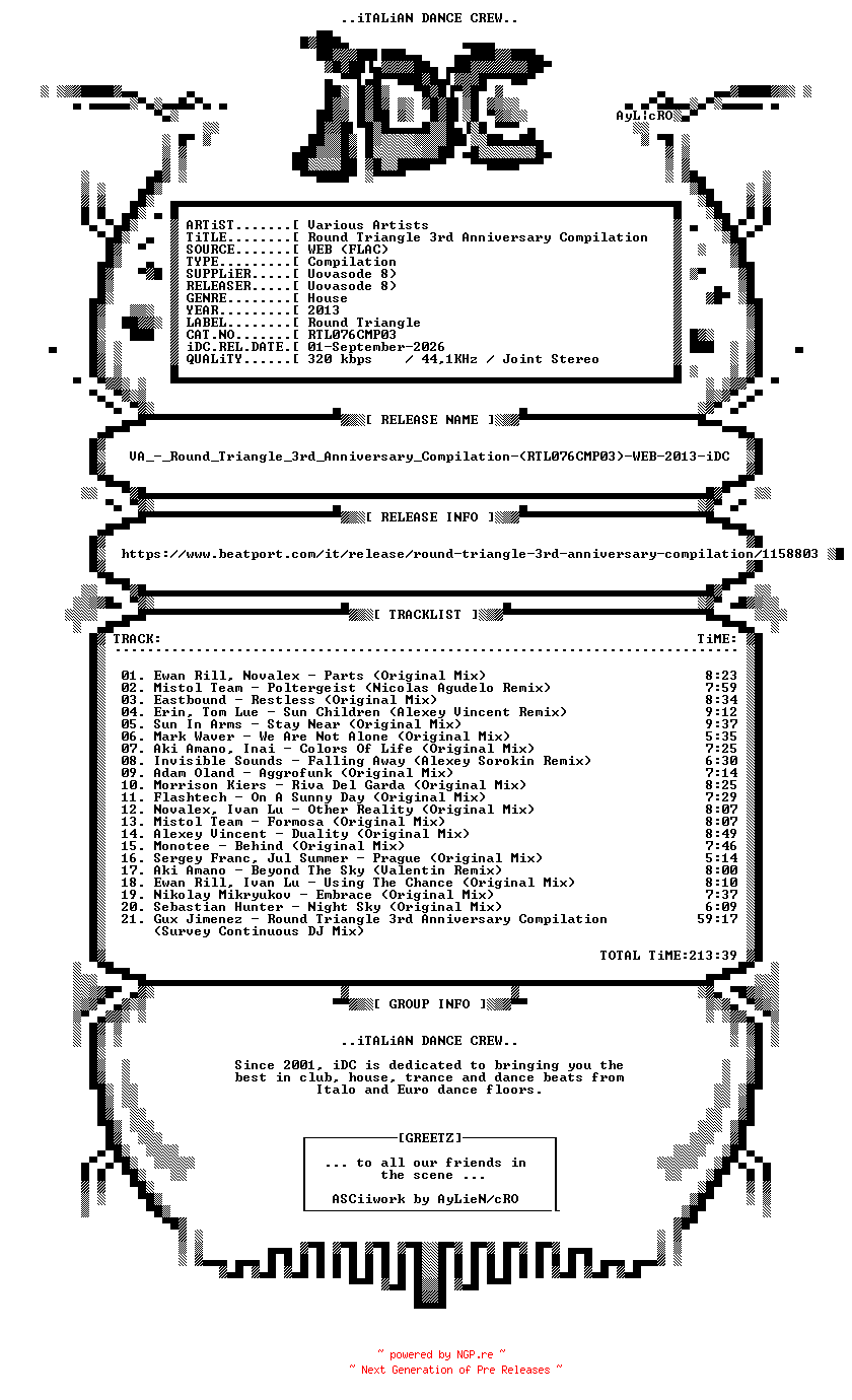 NFO for the release VA_-_Round_Triangle_3rd_Anniversary_Compilation-(RTL076CMP03)-WEB-2013-iDC by iDC