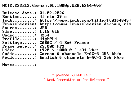 NFO for the release NCIS.S23E12.German.DL.1080p.WEB.h264-WvF by WvF