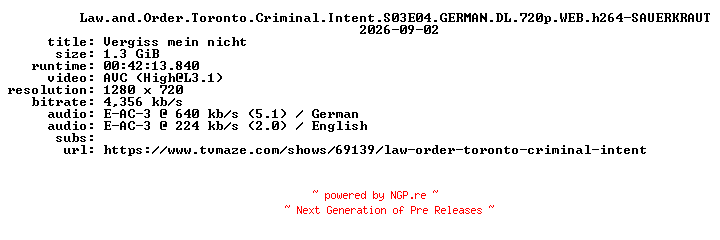 NFO for the release Law.and.Order.Toronto.Criminal.Intent.S03E04.GERMAN.DL.720p.WEB.h264-SAUERKRAUT by SAUERKRAUT