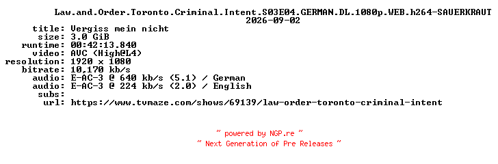 NFO for the release Law.and.Order.Toronto.Criminal.Intent.S03E04.GERMAN.DL.1080p.WEB.h264-SAUERKRAUT by SAUERKRAUT