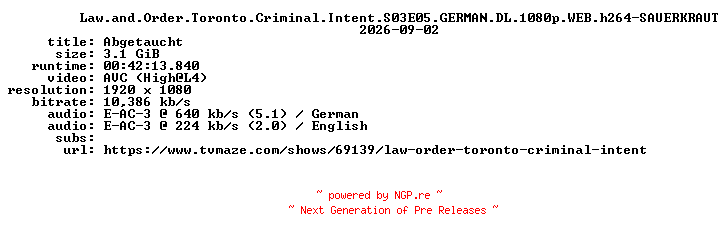 NFO for the release Law.and.Order.Toronto.Criminal.Intent.S03E05.GERMAN.DL.1080p.WEB.h264-SAUERKRAUT by SAUERKRAUT