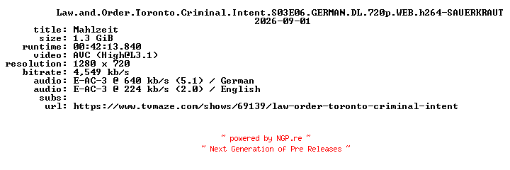 NFO for the release Law.and.Order.Toronto.Criminal.Intent.S03E06.GERMAN.DL.720p.WEB.h264-SAUERKRAUT by SAUERKRAUT