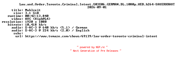 NFO for the release Law.and.Order.Toronto.Criminal.Intent.S03E06.GERMAN.DL.1080p.WEB.h264-SAUERKRAUT by SAUERKRAUT