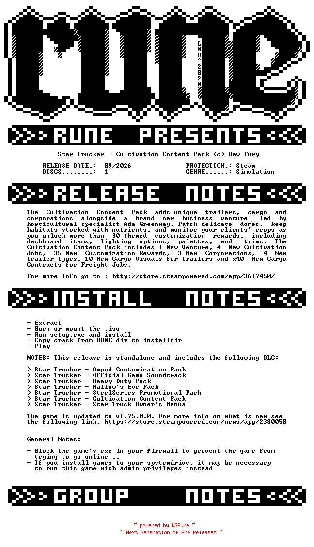 NFO for the release Star.Trucker.Cultivation.Content.Pack-RUNE by RUNE