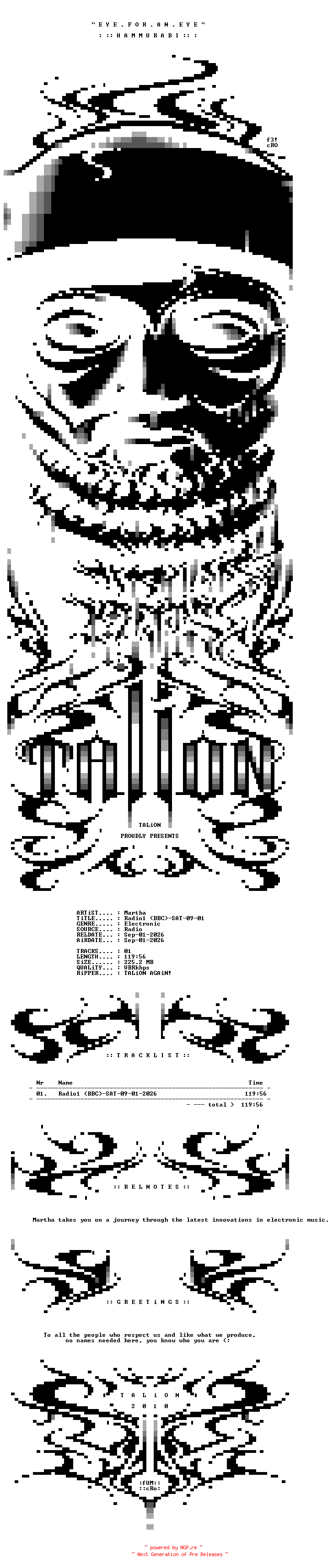 NFO for the release Martha_-_Radio1_(BBC)-SAT-09-01-2026-TALiON by TALiON