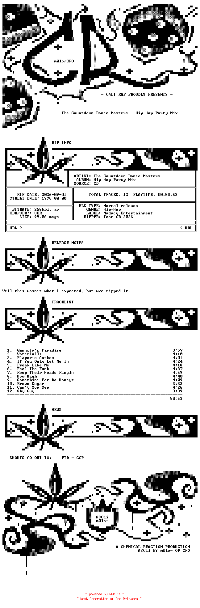 NFO for the release The_Countdown_Dance_Masters-Hip_Hop_Party_Mix-1996-CR by CR