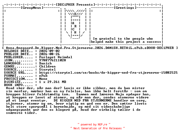 NFO for the release Anna.Anegaard.De.Kigger.Ned.Fra.Stjernerne.2026.DANiSH.RETAiL.ePub.eBOOK-DECiPHER by DECiPHER