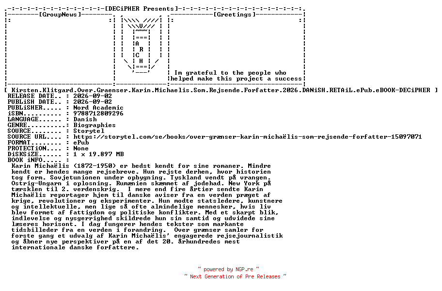 NFO for the release Kirsten.Klitgard.Over.Graenser.Karin.Michaelis.Som.Rejsende.Forfatter.2026.DANiSH.RETAiL.ePub.eBOOK-DECiPHER by DECiPHER