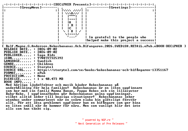 NFO for the release Rolf.Magne.G.Andersen.Kokosbananas.Och.Bifangaren.2026.SWEDiSH.RETAiL.ePub.eBOOK-DECiPHER by DECiPHER