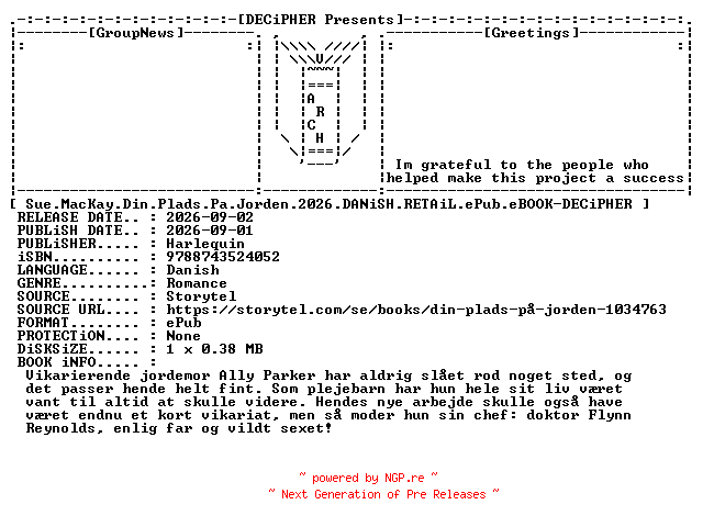 NFO for the release Sue.MacKay.Din.Plads.Pa.Jorden.2026.DANiSH.RETAiL.ePub.eBOOK-DECiPHER by DECiPHER
