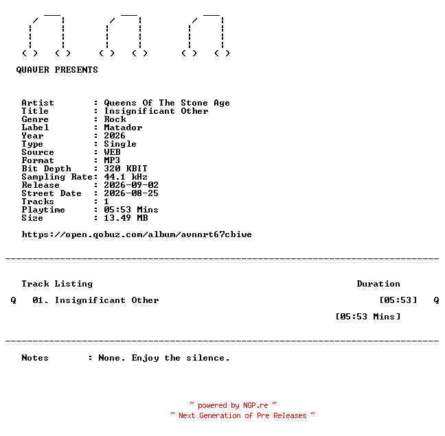 NFO for the release Queens_Of_The_Stone_Age-Insignificant_Other-SINGLE-WEB-2026-QUAVER by QUAVER