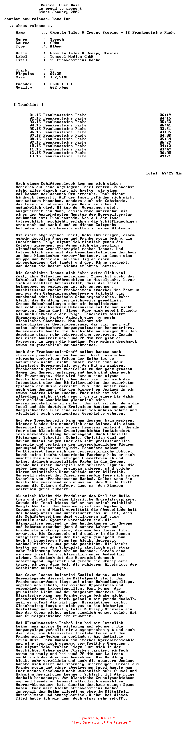 NFO for the release Ghostly_Tales_Und_Creepy_Stories-15_Frankensteins_Rache-DE-Audiobook-CD-FLAC-2026-MOD by MOD