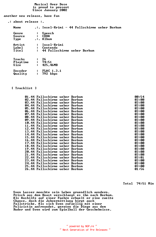 NFO for the release Insel-Krimi-44_Fallschirme_Ueber_Borkum-DE-Audiobook-CD-FLAC-2026-MOD by MOD