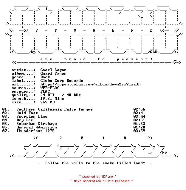 NFO for the release Gnarl_Sagan-Gnarl_Sagan-24BIT-WEB-FLAC-2025-STONERD by STONERD