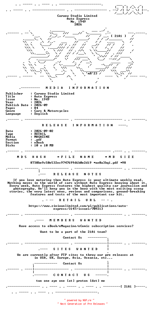 NFO for the release Auto.Express.No.1949.2026.RETAIL.MAGAZINE.eBook-21A1 by 21A1